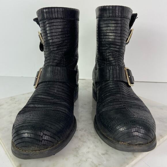 Jimmy Choo Black Biker Boots Moto Combat Buckle Croc Embossed 36.5 $1195 - Picture 3 of 13